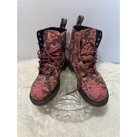 Womens DR MARTENS 1460 Beckett Cherry Red Floral Canvas Boots US L6. - Picture 1 of 6